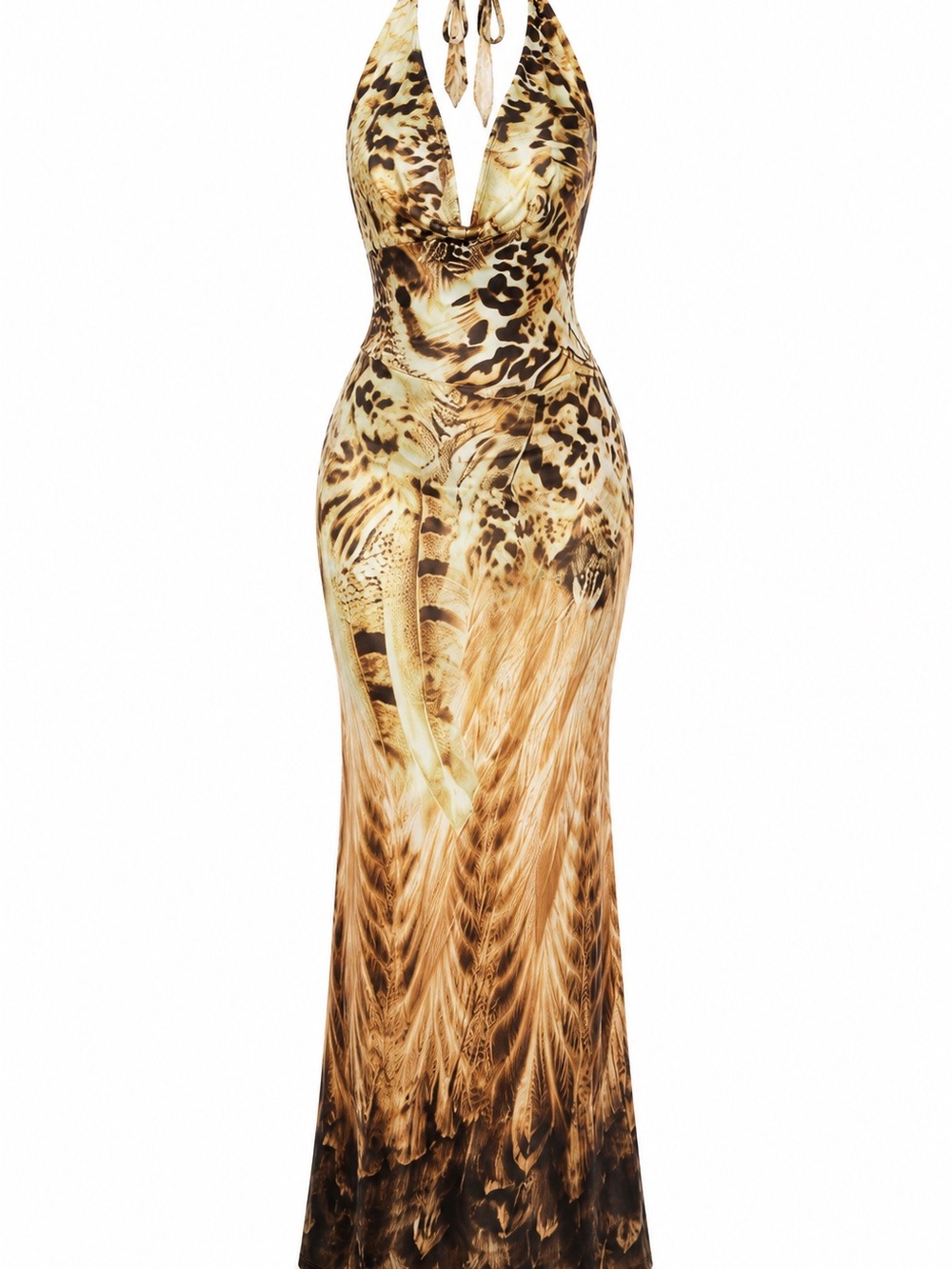 Women's Halter Maxi Dress in Brown Animal Print